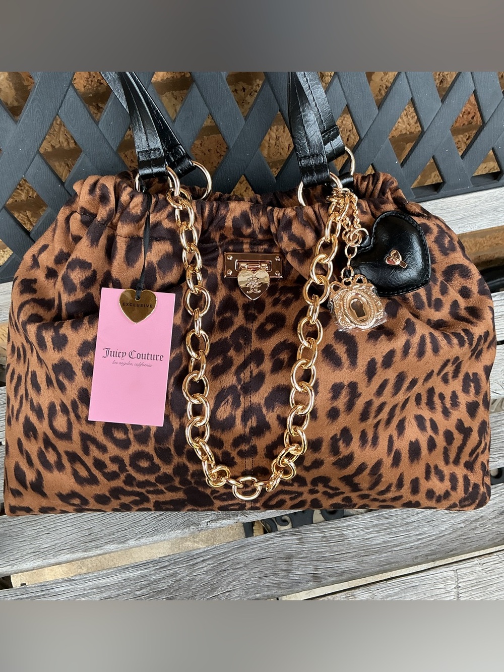 Juicy Couture Leopard Print Satchel with Gold Chain and Black Accents